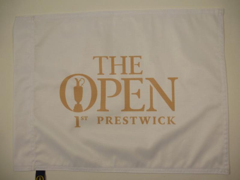 Pin Flag / Lochfahne THE 1st OPEN und Prestwick, weiß, mit Bedruckung des Logos THE OPEN
