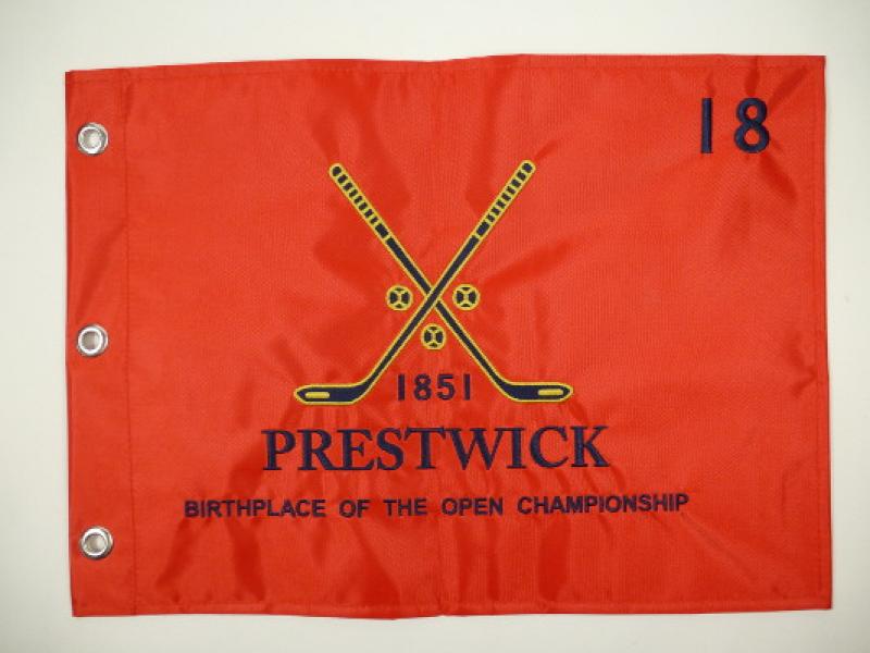 Pin Flag / Lochfahne Prestwick Golf Club, Rot, mit Bestickung des Logos